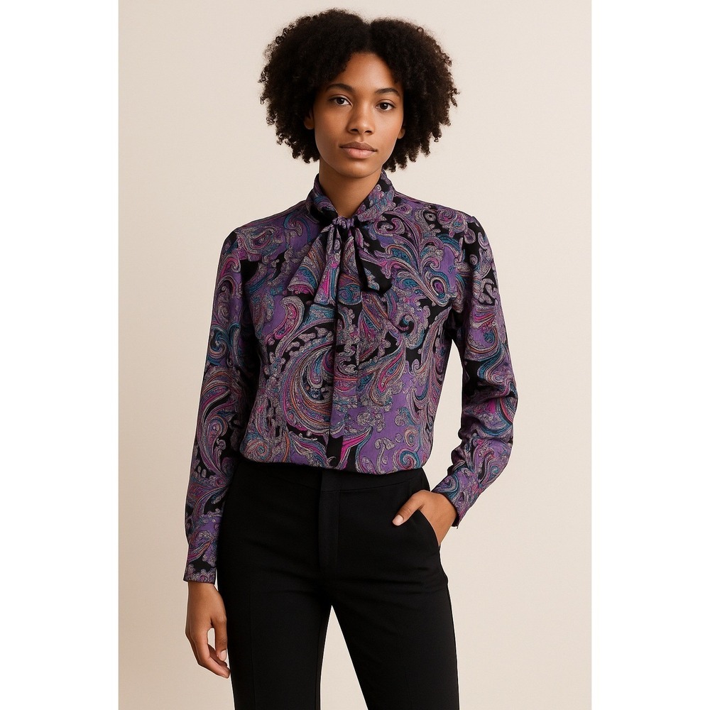 Regina Porter Purple Paisley Print Bow Blouse‎ Long Sleeve Women's Size 8
